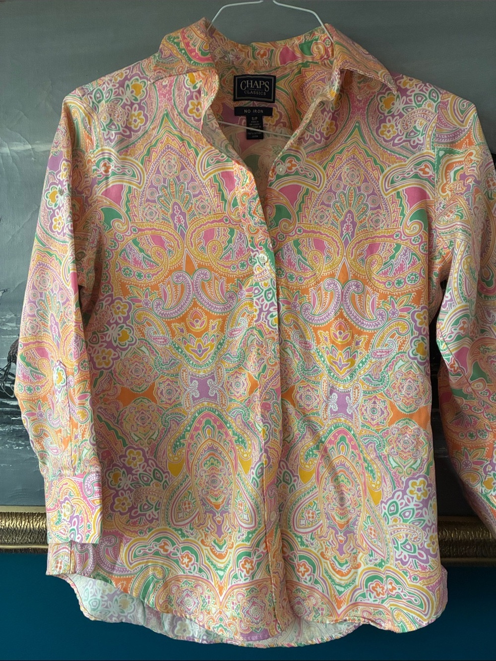 Chaps Classics Paisley Button Down Shirt | Pastel Preppy Cotton Blouse | Small